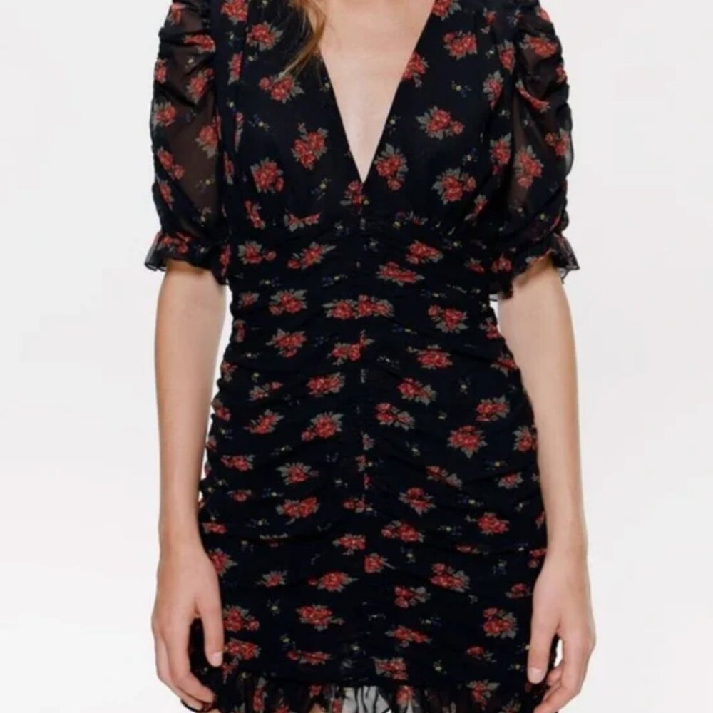 Zara Rose Print Ruched and Ruffled Mini Dress Size Extra Smaller